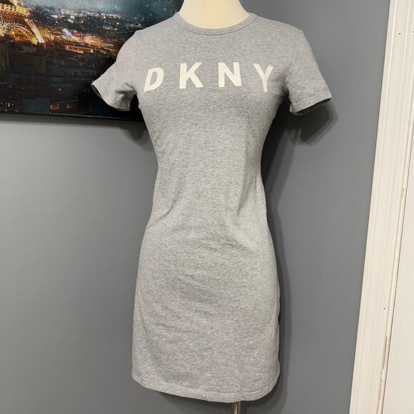 DKNY Gray Logo T-Shirt Dress Size XS– Casual Short Sleeve Cotton Blend - Picture 1 of 5
